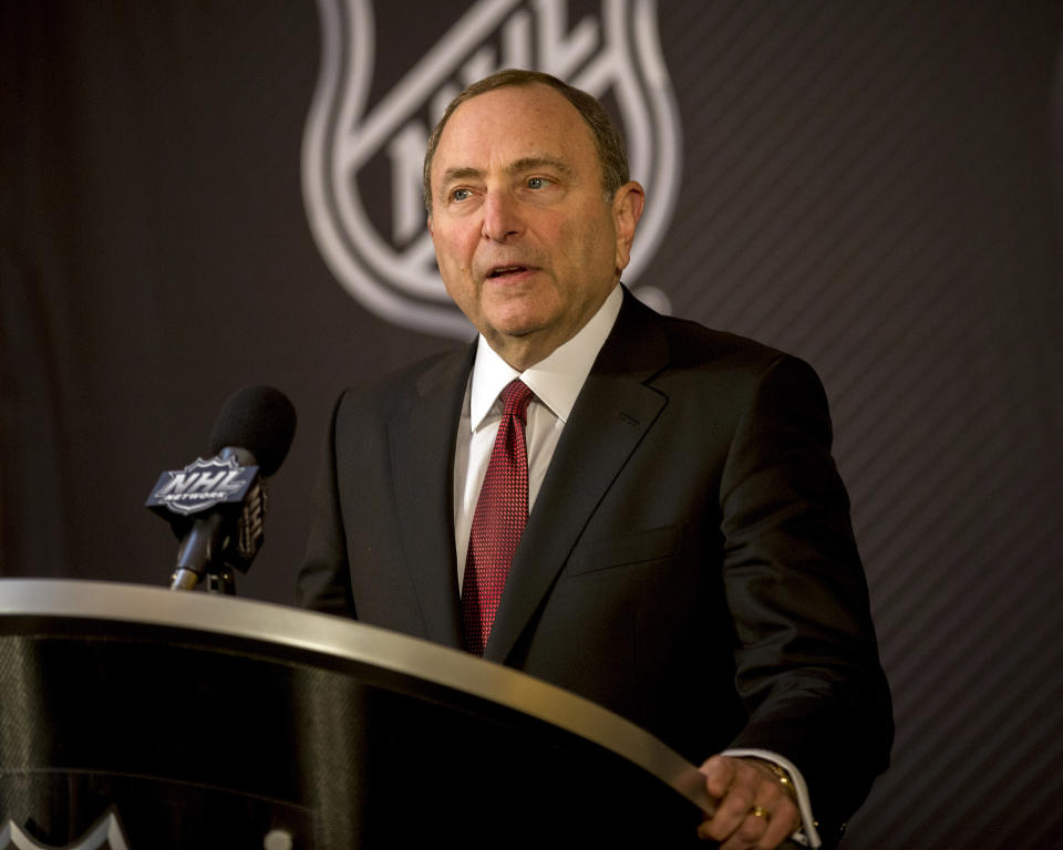 NHL commissioner Gary Bettman announces Seattle as the home of the league's 32nd franchise, Tuesday, Dec. 4, 2018, at the Board of Governors annual meeting in Sea Island, Ga.(AP Photo/Stephen B. Morton)