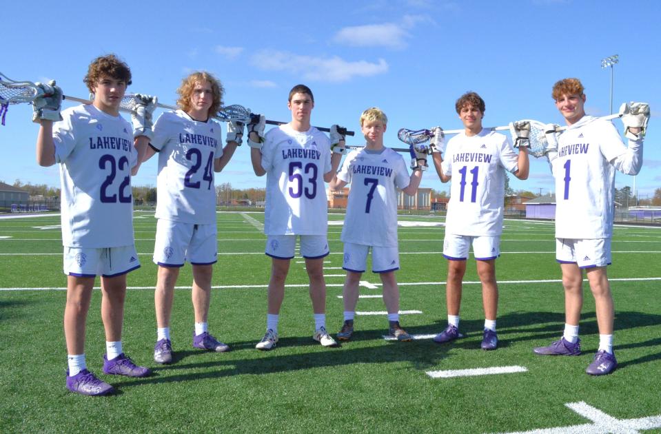 The Lakeview lacrosse team feature three sets of brothers, including (from left), Pine Schuemann, Luke Schuemann, Luke Borozan, Danny Borozan, Dieter Bloch, Rykert Bloch.