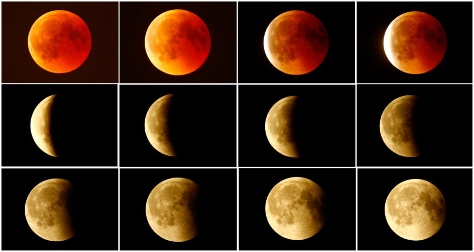 This combination photo shows the lunar eclipse from a blood moon (top left) back to full moon (bottom right) in the sky over Frankfurt, Germany. (Photo: Kai Pfaffenbach / Reuters)