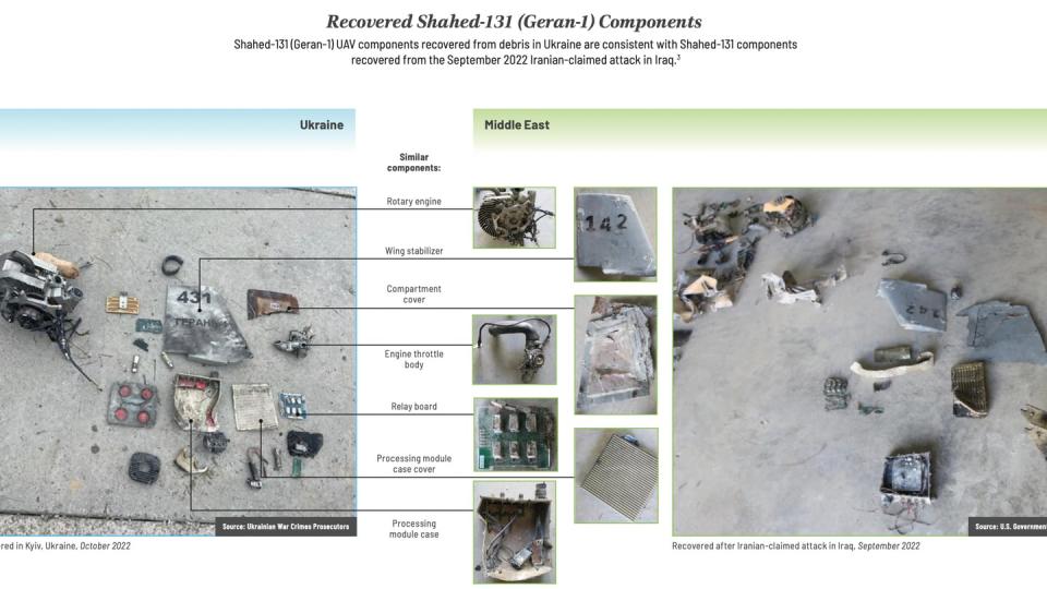 This comparison from a Defense Intelligence Agency report examines Shahed and Geran drone parts. (Photo provided/DIA)