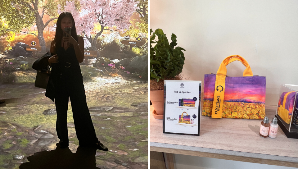 (L to R): The writer with the tree she digitally planted in the background; L'Occitane's pop-up special travel kit is up for grabs. (PHOTO: Reta Lee/Yahoo Life Singapore)