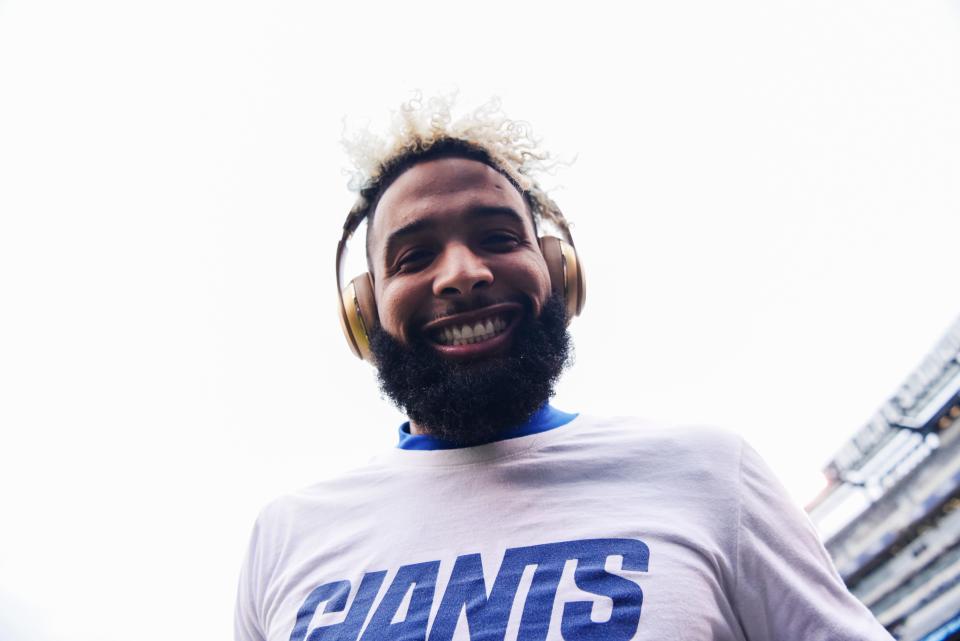New York Giants wide receiver Odell Beckham Jr. smiles for the camera during warmups. The New York Giants face the Tampa Bay Buccaneers in NFL Week 11 on Sunday, Nov. 18, 2018 in East Rutherford.
