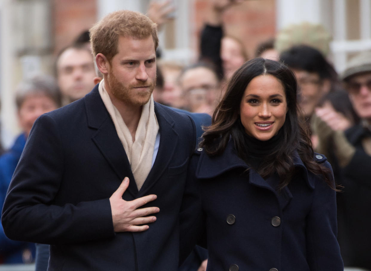 NOTTINGHAM, ENGLAND - DECEMBER 01:  Prince Harry and Meghan Markle go on a walk about at Nottingham Contemporary on December 1, 2017 in Nottingham, England.  Prince Harry and Meghan Markle announced their engagement on Monday 27th November 2017 and will marry at St George's Chapel, Windsor Castle in May 2018.  (Photo by Samir Hussein/Samir Hussein/WireImage)