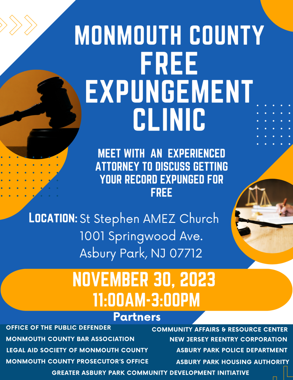 Flyer for the Monmouth County Free Expungement Clinic on November 30 in Asbury Park.