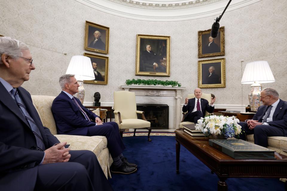 U.S. Senate Minority Leader Mitch McConnell (R-KY), Speaker of the House Kevin McCarthy (R-CA), President Joe Biden, and Senate Majority Leader Chuck Schumer (D-NY) meet in the Oval Office of the White House on May 09, 2023 in Washington, DC.