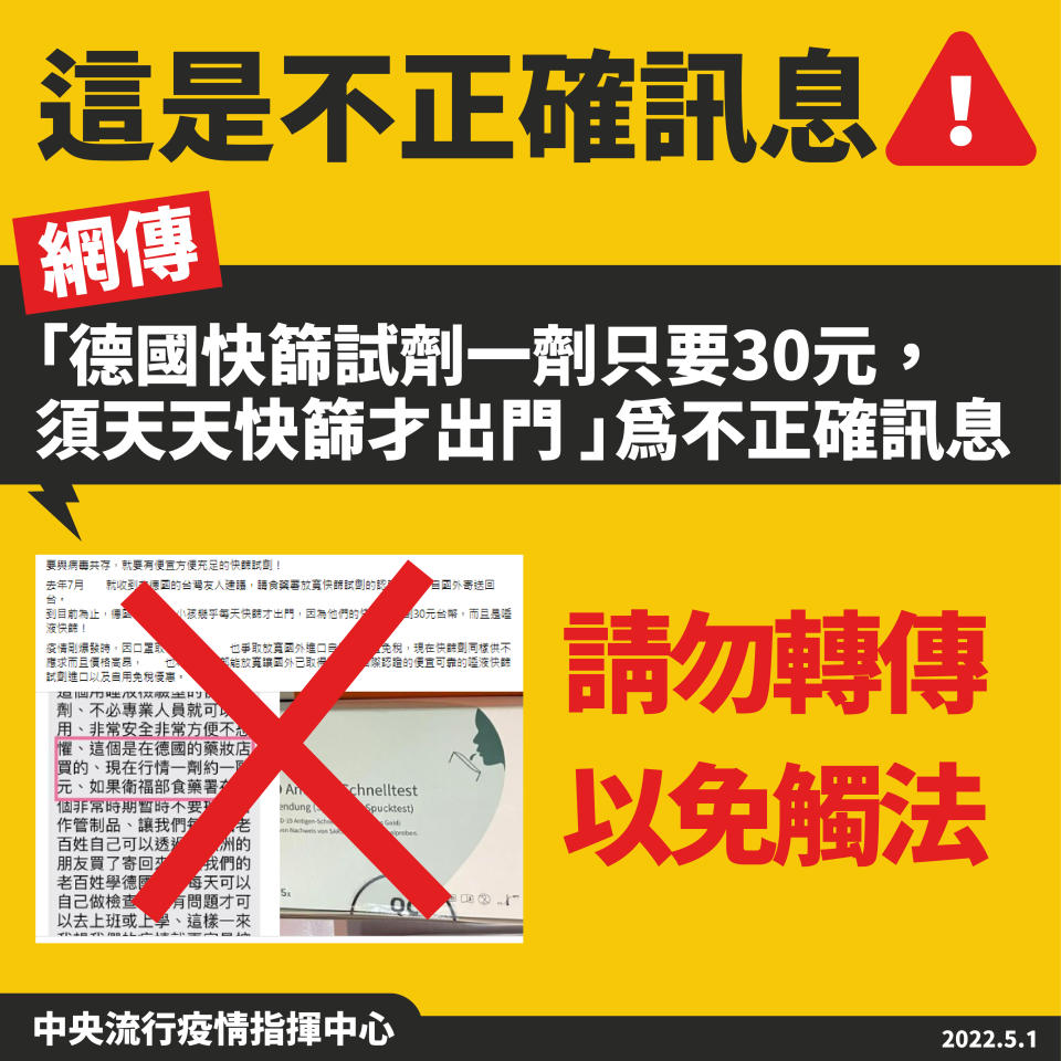 網傳「德國快篩劑一劑只要30元，須天天快篩才出門」為不正確訊息，勿轉傳以免觸法。…