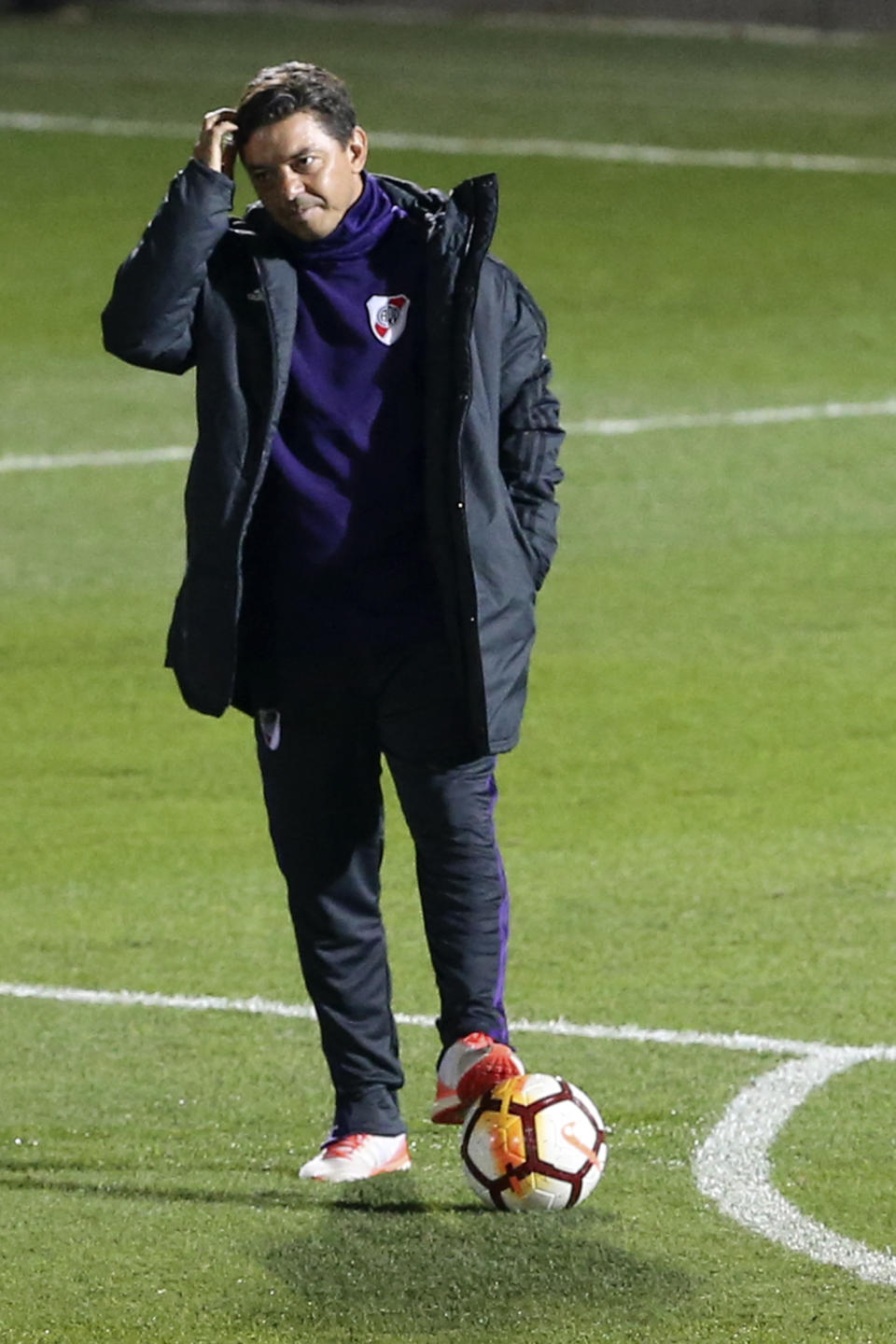 River Plate coach Marcelo Gallardo gestures during a training session in Madrid, Spain, Thursday, Dec. 6, 2018. The Copa Libertadores Final will be played on Dec. 9 in Spain at Real Madrid's stadium for security reasons after River Plate fans last Saturday attacked the Boca Junior team bus heading into the Buenos Aires stadium for the meeting of Argentina's fiercest soccer rivals. (AP Photo/Andrea Comas)