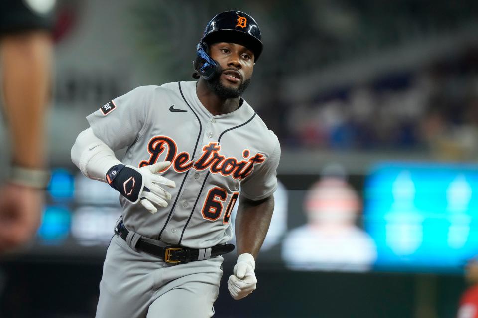 Detroit Tigers' Akil Baddoo (60) runs the bases after hitting a three-run home run during the second inning of a baseball game against the Miami Marlins at loanDepot Park in Miami on Saturday, July 29, 2023.