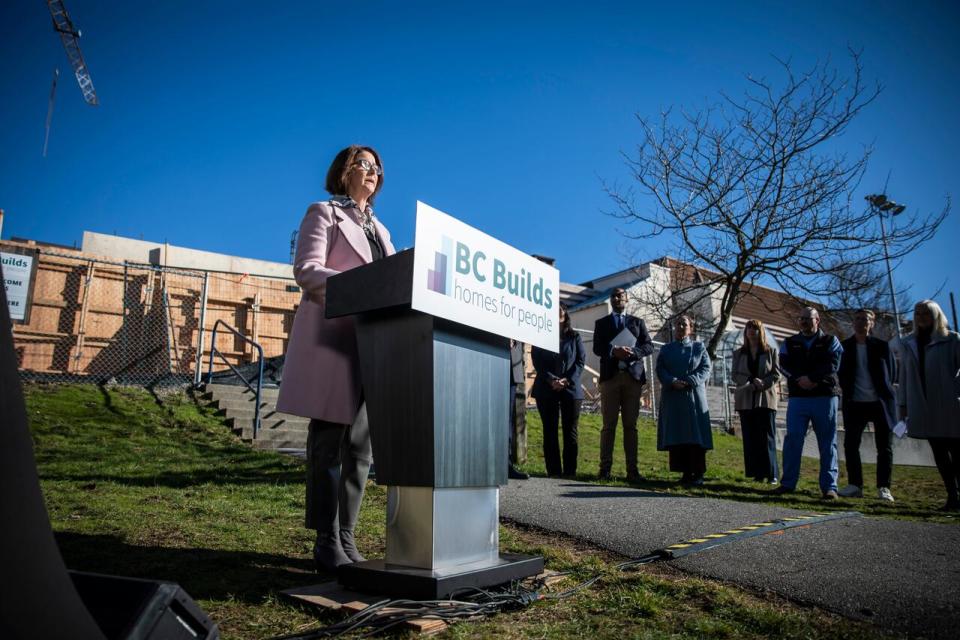 North Vancouver Mayor Linda Buchanan speaks about the B.C. Builds housing program, which aims to speed up the process for building more affordable homes. (Ben Nelms/CBC News - image credit)