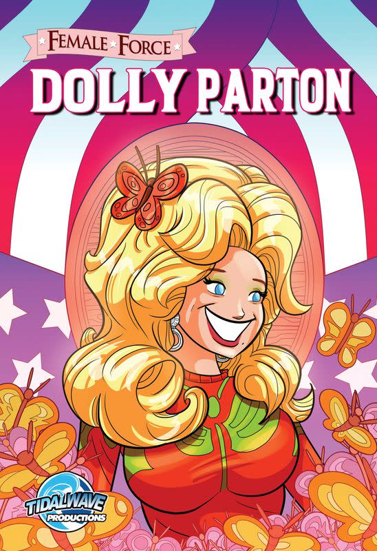 An image shows a cover page of a TidalWave Comics' comic book based on life of singer Dolly Parton, with planned release date March 31, 2021