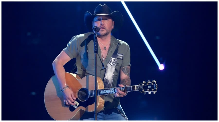 Jason Aldean performs "Tough Crowd" at the 58th annual Academy of Country Music Awards on Thursday, May 11, 2023, at the Ford Center in Frisco, Texas.