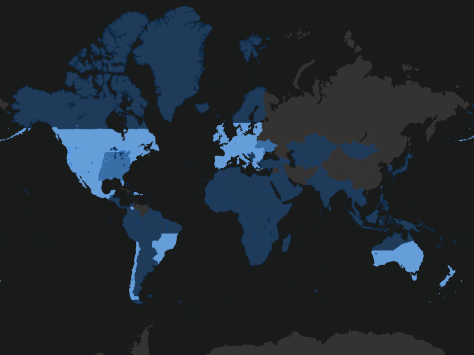 Light blue shows Starlink availability as of 20 September, 2022, medium blue shows waitlist and dark blue is ‘coming soon’ (SpaceX)