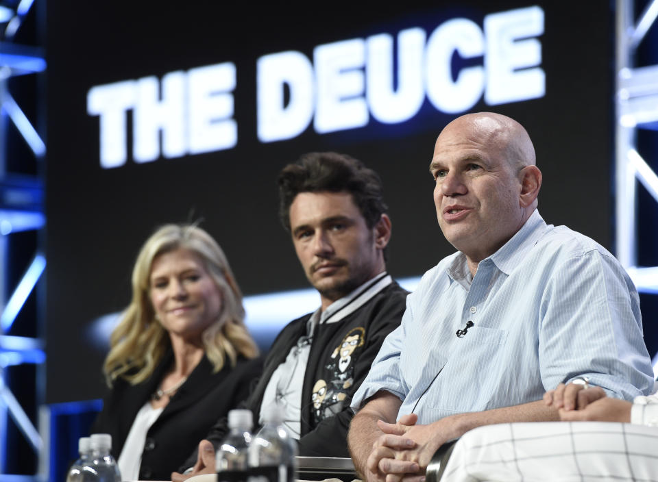 Director Michelle MacLaren, from left, actor/executive producer James Franco and executive producer David Simon participate in "The Deuce" panel during the HBO Television Critics Association Summer Press Tour at the Beverly Hilton on Wednesday, July 26, 2017, in Beverly Hills, Calif. (Photo by Chris Pizzello/Invision/AP)