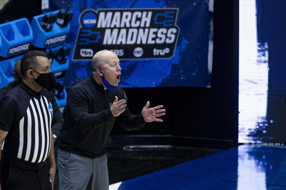 UCLA coach Mick Cronin yells to players during the second half of a First Four game against Michigan State in the NCAA men's college basketball tournament Thursday, March 18, 2021, at Mackey Arena in West Lafayette, Ind. UCLA won 86-80. (AP Photo/Robert Franklin)