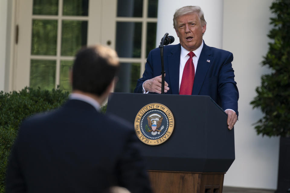 President Donald Trump speaks during a news conference in the Rose Garden of the White House, Tuesday, July 14, 2020, in Washington. (AP Photo/Evan Vucci)