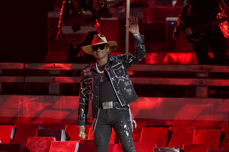 Jimmie Allen acknowledges the audience after performing "Freedom Was a Highway" at the 55th annual CMA Awards on Wednesday, Nov. 10, 2021, at the Bridgestone Arena in Nashville, Tenn. (AP Photo/Mark Humphrey)