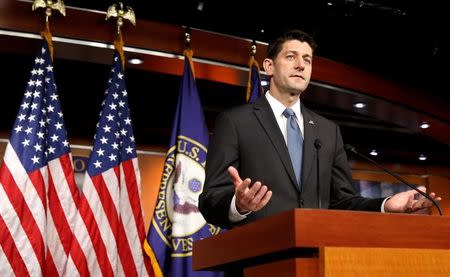 Speaker of the House Paul Ryan speaks to reporters in the U.S.Capitol in Washington, U.S. May 19, 2016. REUTERS/Kevin Lamarque