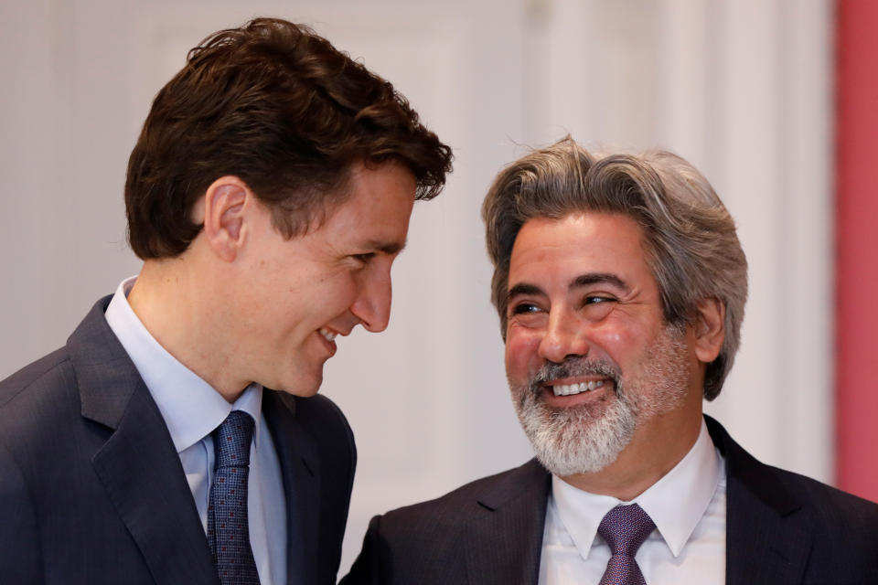 Pablo Rodriguez reacts next to Canada's Prime Minister Justin Trudeau after being sworn-in as Leader of the Government in the House of Commons during the presentation of Trudeau's new cabinet, at Rideau Hall in Ottawa, Ontario, Canada November 20, 2019. REUTERS/Blair Gable