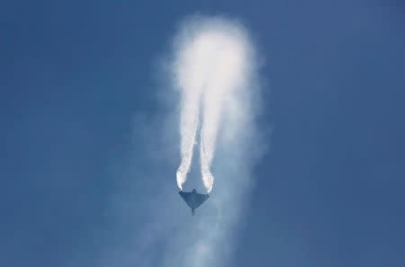 An Indian Air Force (IAF) light combat aircraft "Tejas" performs during the Indian Air Force Day celebrations at the Hindon Air Force Station on the outskirts of New Delhi, India, October 8, 2016. REUTERS/Adnan Abidi/File Photo