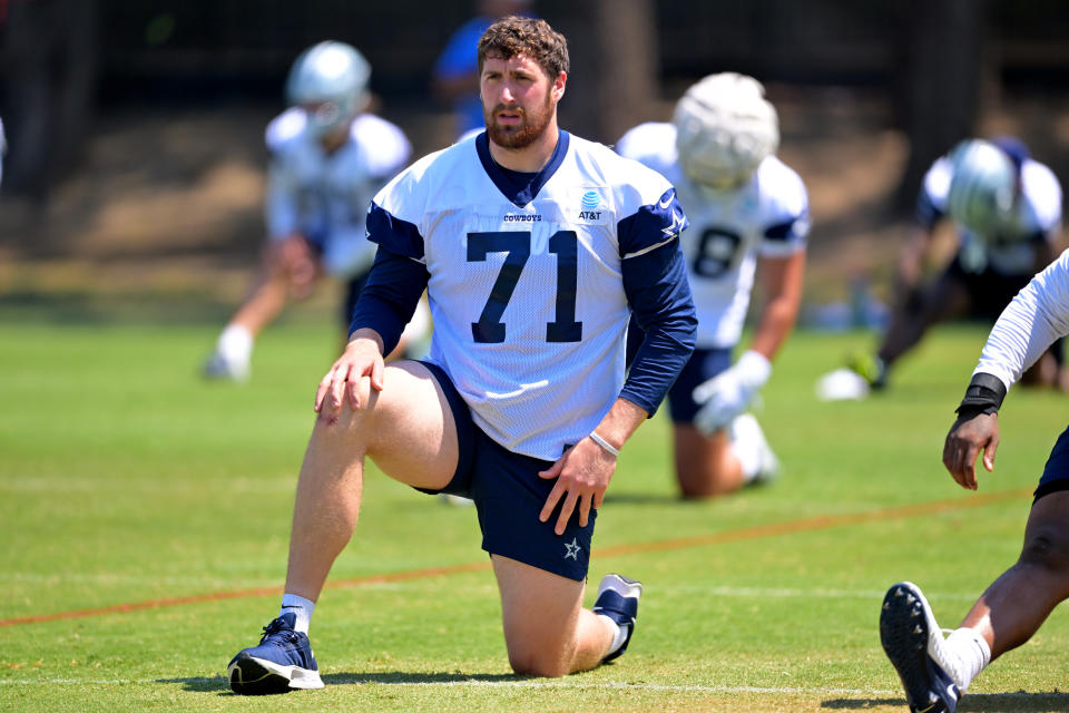 Jul 29, 2022; Onxard, CA, USA; Dallas Cowboys tackle Matt Waletzko (71) stretches on the field prior to training camp at River Ridge Fields in Oxnard, CA. Mandatory Credit: Jayne Kamin-Oncea-USA TODAY Sports