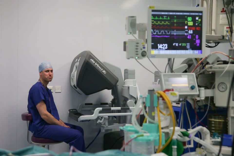 The Prince watched a breast reconstruction surgery being performed with the machines and observed the removal of cancerous tumours from a patient’s bladder and tongue at the hospital. Photo: Getty Images