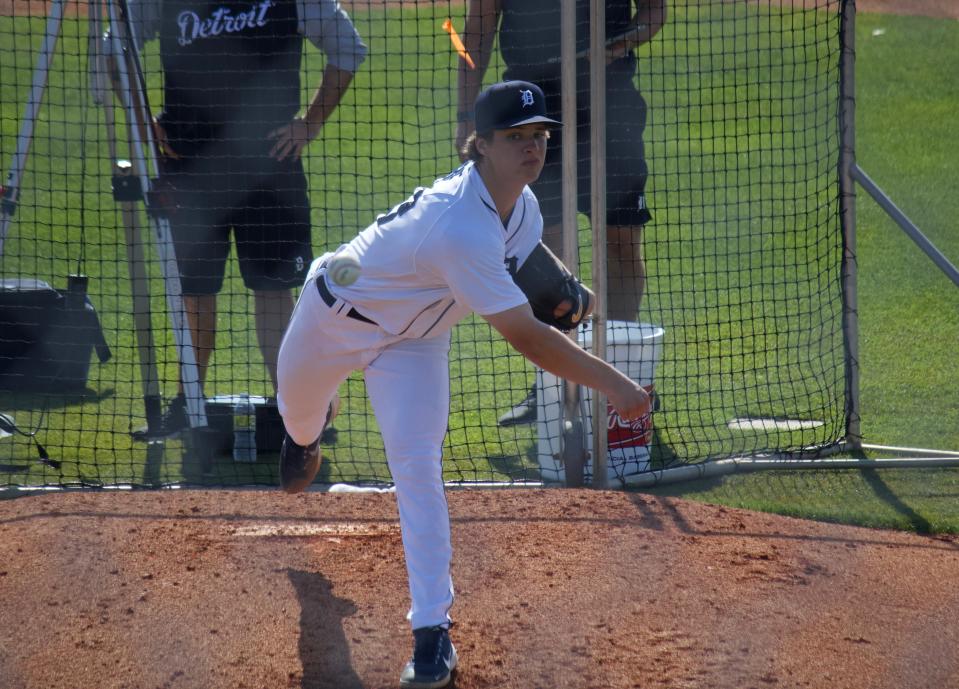 Tigers pitching prospect Jackson Jobe throws during minor league minicamp on Monday, Feb. 28, 2022, in Lakeland, Florida.