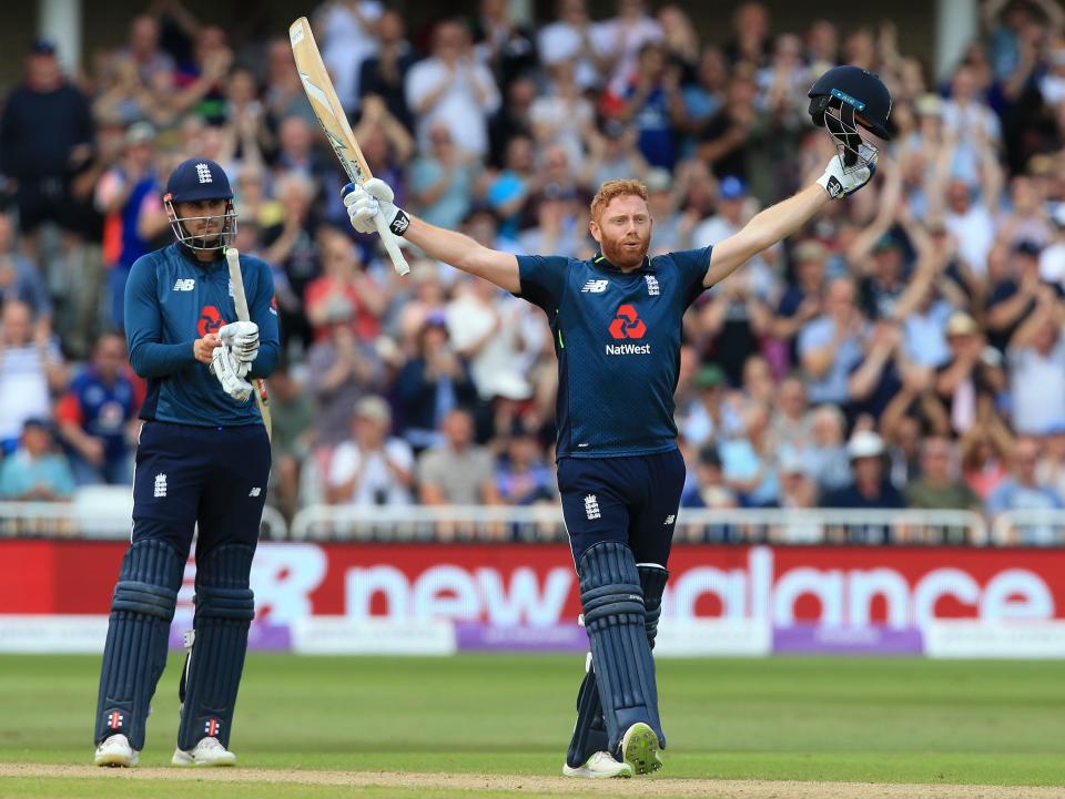 Jonny Bairstow salutes the crowd after reaching his hundred in just 69 ballsS