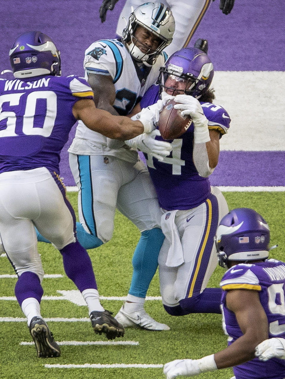 Minnesota Vikings linebacker Eric Kendricks (54) intercepts a pass from Carolina Panthers quarterback Teddy Bridgewater (not shown) in the second quarter of an NFL football game in Minneapolis, Sunday, Nov. 29, 2020. (Carlos Gonzalez/Star Tribune via AP)