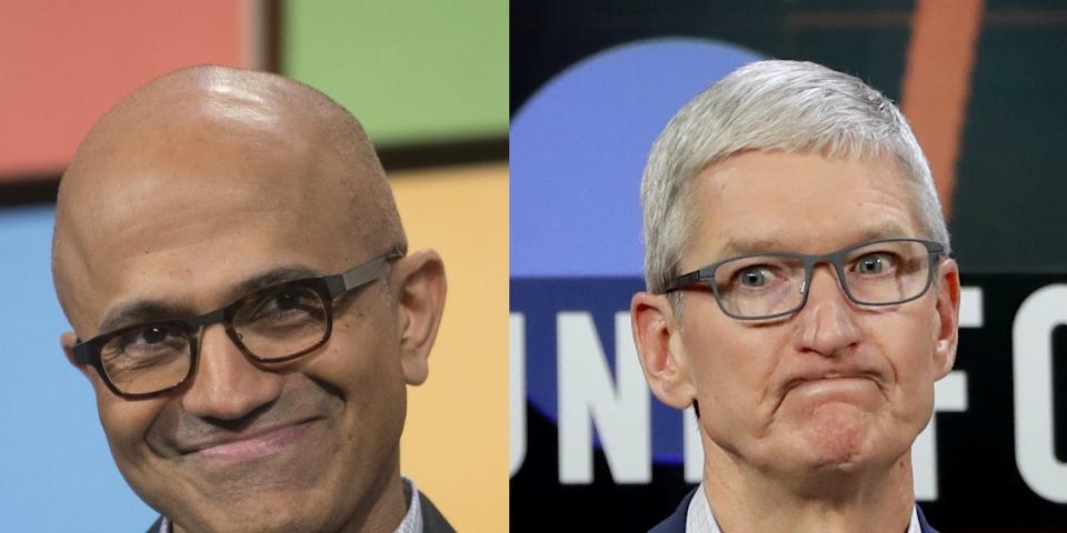 Composite image of Microsoft CEO Satya Nadella, left, and Apple CEO Tim Cook