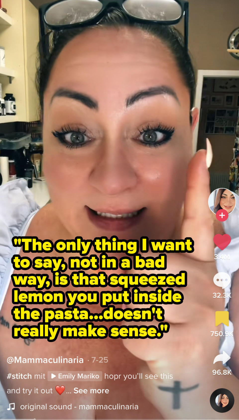 Woman saying that the squeezed lemon put inside the pasta doesn't really make sense