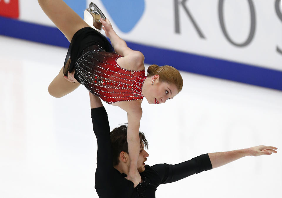 Ekaterina Alexandrovskaya and Harley Windsor of Australia perform in the pairs free skating program during the ISU Grand Prix of Figure Skating Rostelecom Cup in Moscow, Russia, Saturday, Nov. 17, 2018. (AP Photo/Alexander Zemlianichenko)