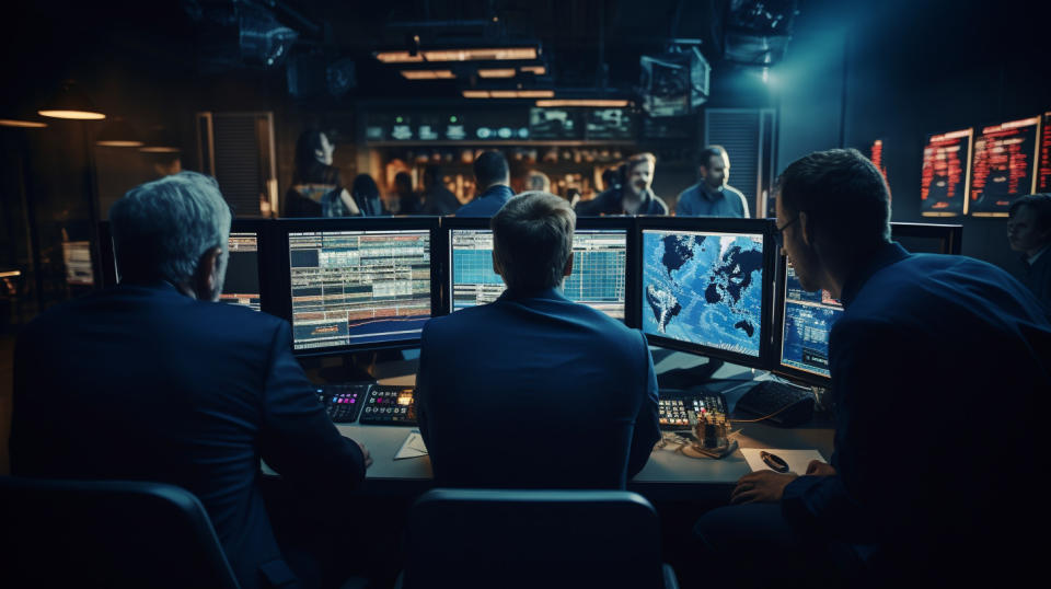 An experienced broadcasting team gathered in a studio in front of a television monitor.