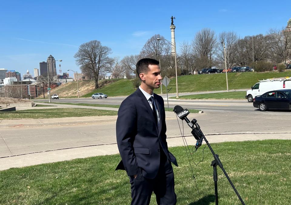 Chris Schandevel, senior counsel for the Alliance Defending Freedom, speaks to reporters after arguing before the Iowa Supreme Court on April 11, 2021.