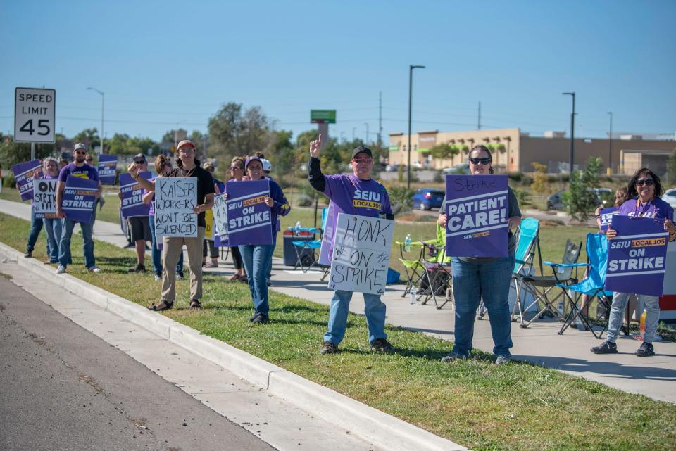 Kaiser Permanente workers strike for the second day outside the southside Pueblo location on Thursday, October 5, 2023.
