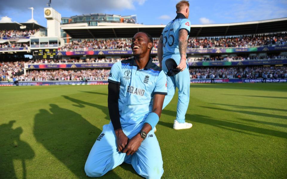 Ben Stokes of England and Jofra Archer of England celebrate after winning the Cricket World Cup during the Final of the ICC Cricket World Cup 2019 between New Zealand and England at Lord's Cricket Ground on July 14, 2019 in London, England - Gareth Copley-IDI/IDI via Getty Images)