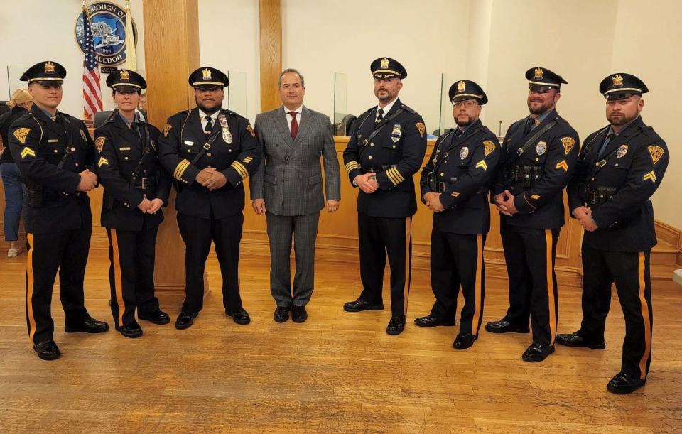 Haledon Deputy Chief George Guzman, Jr., third from left in a ceremony from Aug. 11, 2022, said in a statement Saturday, Feb. 10, 2024, that the trust between community and police “played a pivotal role in the successful outcome of this operation.”
