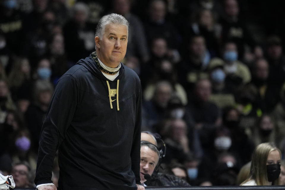 Purdue head coach Matt Painter watches as his team plays Northwestern in the second half of an NCAA college basketball game in West Lafayette, Ind., Sunday, Jan. 23, 2022. Purdue won 80-60. (AP Photo/AJ Mast)