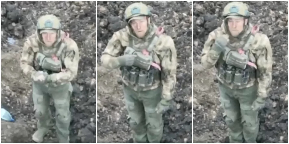 Three stills from drone footage by Code 9.2 of Ukraine's 92nd Brigade, showing a Russian soldier gesturing in an apparent wish to surrencer.