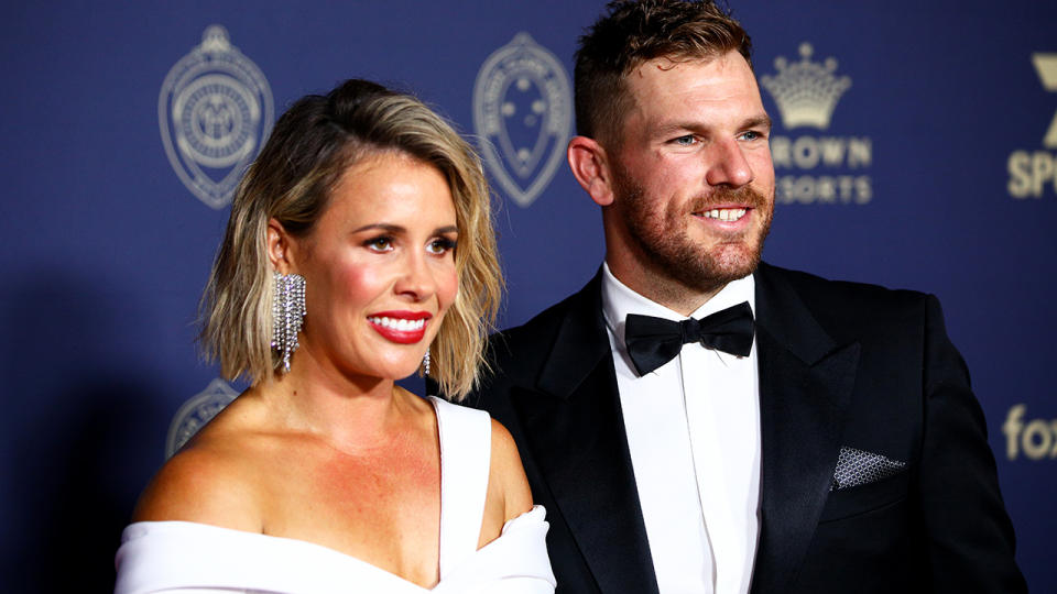 Aaron Finch and wife Amy Finch. (Photo by Graham Denholm/Getty Images)