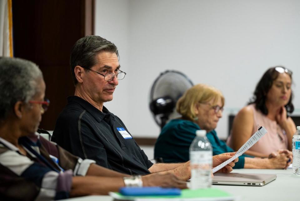 Peter Muhlberger speaks to a meeting about the removal of certain books from Texas schools in the George & Helen Mahon Public Library Wednesday, Aug. 9, 2023, in Lubbock. (Justin Rex for The Texas Tribune)