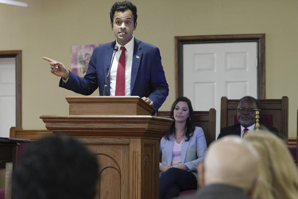 FILE - Republican presidential candidate Vivek Ramaswamy speaks at Rock Hill Missionary Baptist Church during a campaign swing on Sunday, March 19, 2023, in Manning, S.C. On the campaign trail, Ramaswamy has leaned into his faith as he vies for the nomination of a party where evangelical Christian support is key. (AP Photo/Meg Kinnard, File)