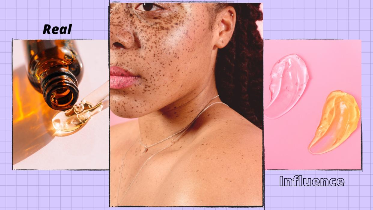  A woman with glowing skin and freckles alongside a picture of a serum bottle and two swipes of facial cleanser for a piece explaining 'skin cycling' / in a purple template 