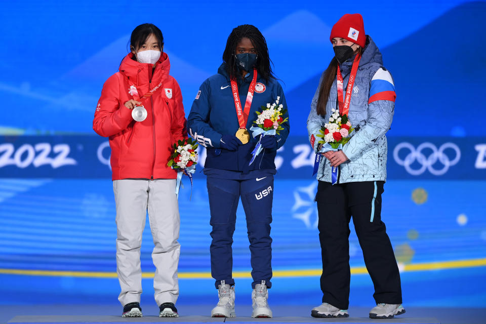 Gold medallist Erin Jackson of Team United States (C), Silver Medallist Miho Takagi of Team Japan (L) and Bronze Medallist Angelina Golikova of Team ROC (R) pose with their medals during the Women’s 500m medal ceremony on Day 10 of the Beijing 2022 Winter Olympics at Medal Plaza on February 14, 2022 in Beijing, China. - Credit: Justin Setterfield/Getty Images