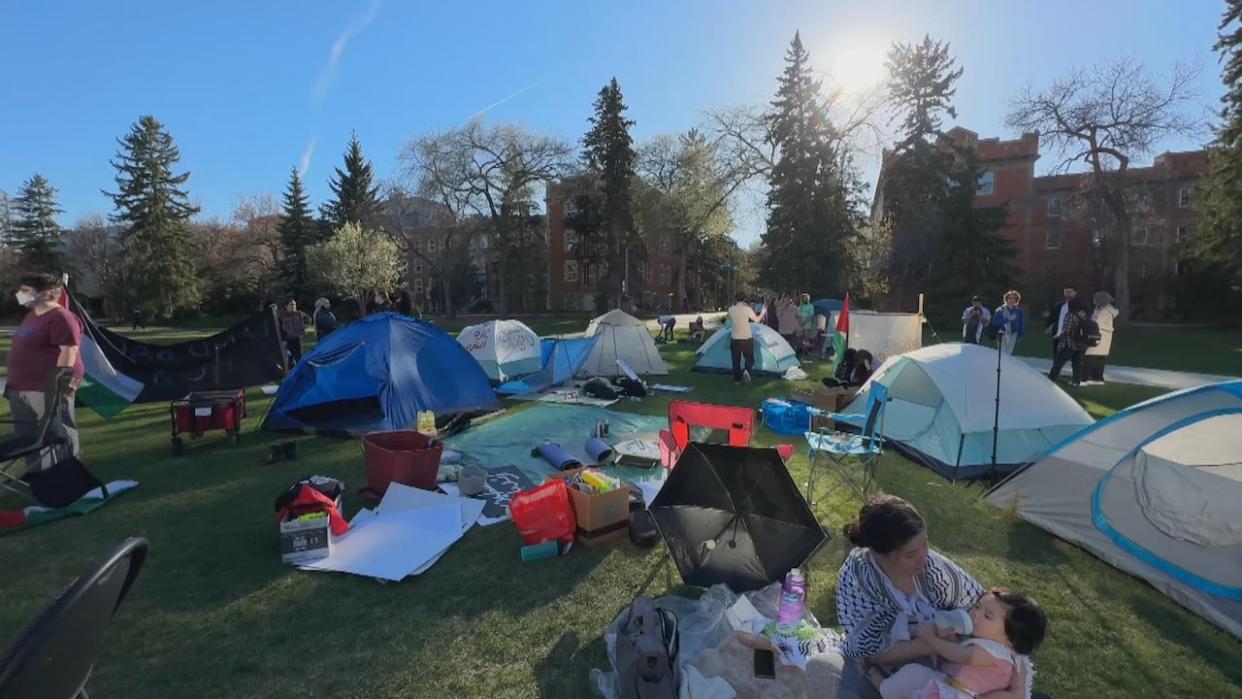 More than 100 students, staff and supporters gathered at the University of Alberta on May 9 to start a Pro-Palestinian encampment in support of Gaza. Edmonton Police dismantled the encampment on May 11. (Mrinali Anchan/CBC - image credit)