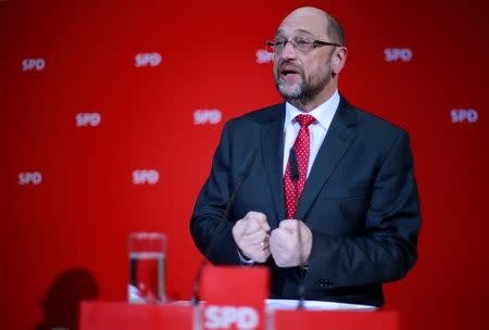 Social Democratic Party (SPD) leader Martin Schulz reacts on first exit polls after the Saarland state elections in Berlin, Germany, March 26, 2017. REUTERS/Hannibal Hanschke