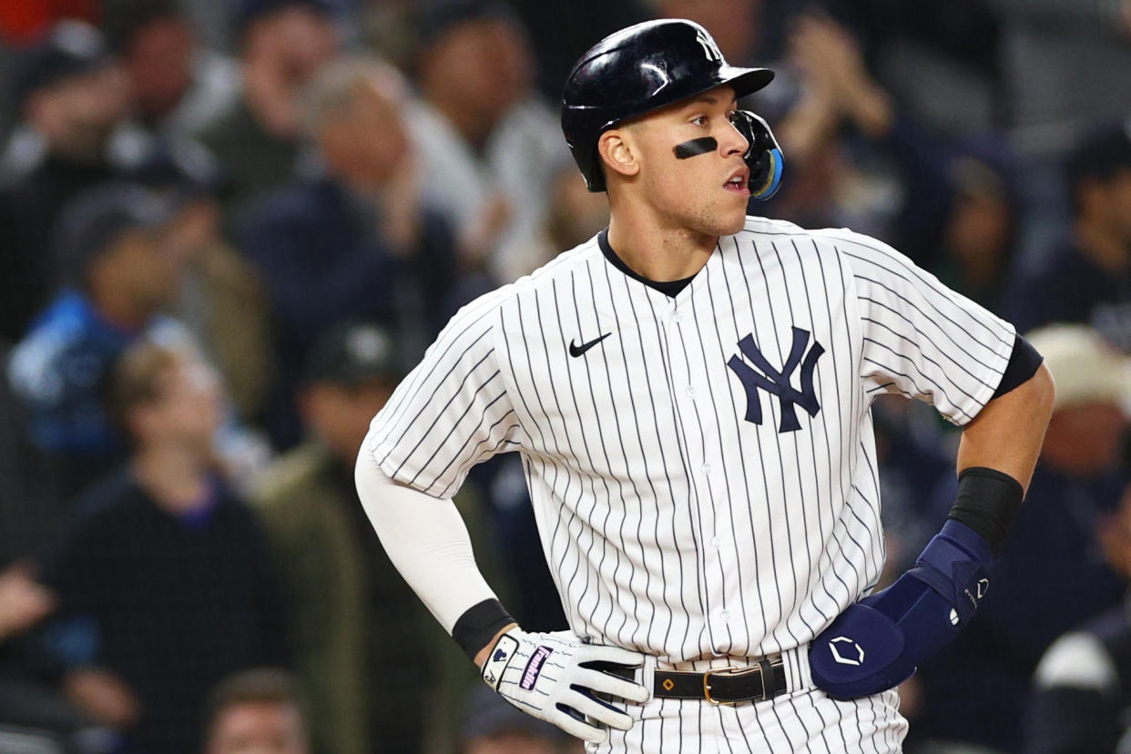 Fresh off a 62-homer season as the face of the Yankees, Aaron Judge's free agency will be the talk of the baseball world (Photo by Elsa/Getty Images)