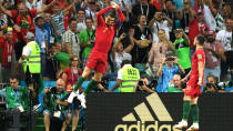 <p>Lift-off: Cristiano Ronaldo celebrates scoring Portugal’s opener in his usual fashion. (Omnisport) </p>