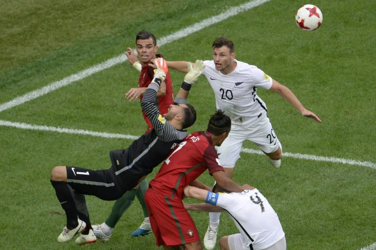 (From L) Portugal's defender Pepe, goalkeeper Rui Patricio and defender Bruno Alves vie with New Zealand's defender Tommy Smith (R) and forward Chris Wood during the 2017 Confederations Cup football match June 24, 2017