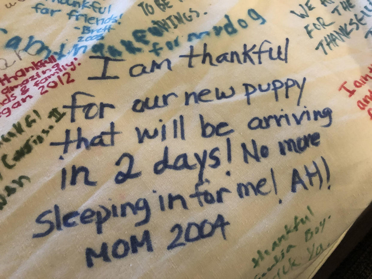 Caroline Harrington loves reading old messages on her tablecloth. (Courtesy Caroline Harrington)