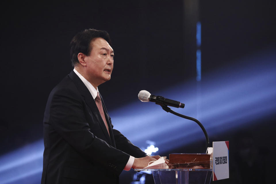 South Korea’s conservative former top prosecutor Yoon Suk Yeol delivers his speech after being chosen as presidential election candidate in Seoul, South Korea, Friday, Nov. 5, 2021. Yoon won the main opposition People Power Party’s hotly contested nomination for next March’s presidential election on Friday. (Kim Hong-ji/Pool Photo via AP)